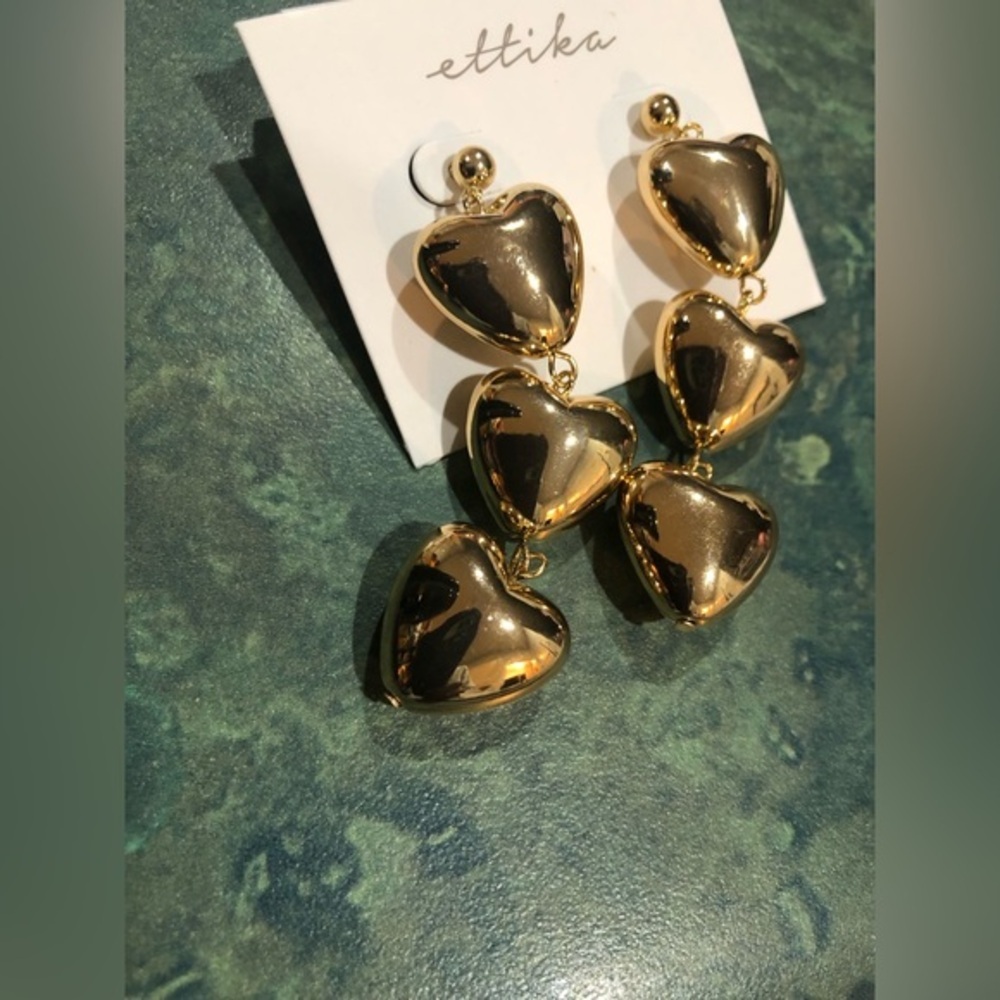 Gold plated puffy heart shaped dangling earrings new